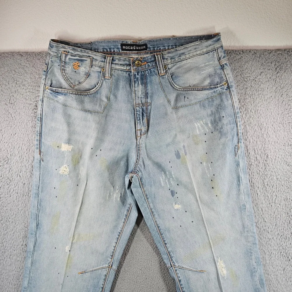 Rocawear Mens Light‎ Wash Distressed Paint Splatter Denim Jeans Size 38x34 Y2K